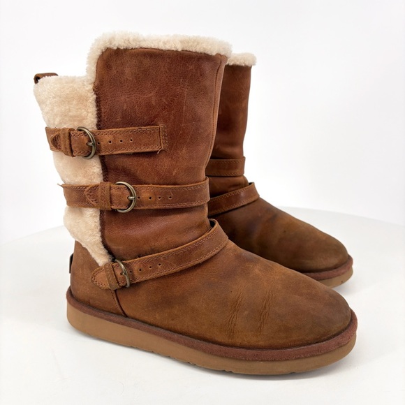 UGG | Becket Leather & Shearling Mid Calf Buckled Boots in Chestnut | Sz 9 - Picture 4 of 14